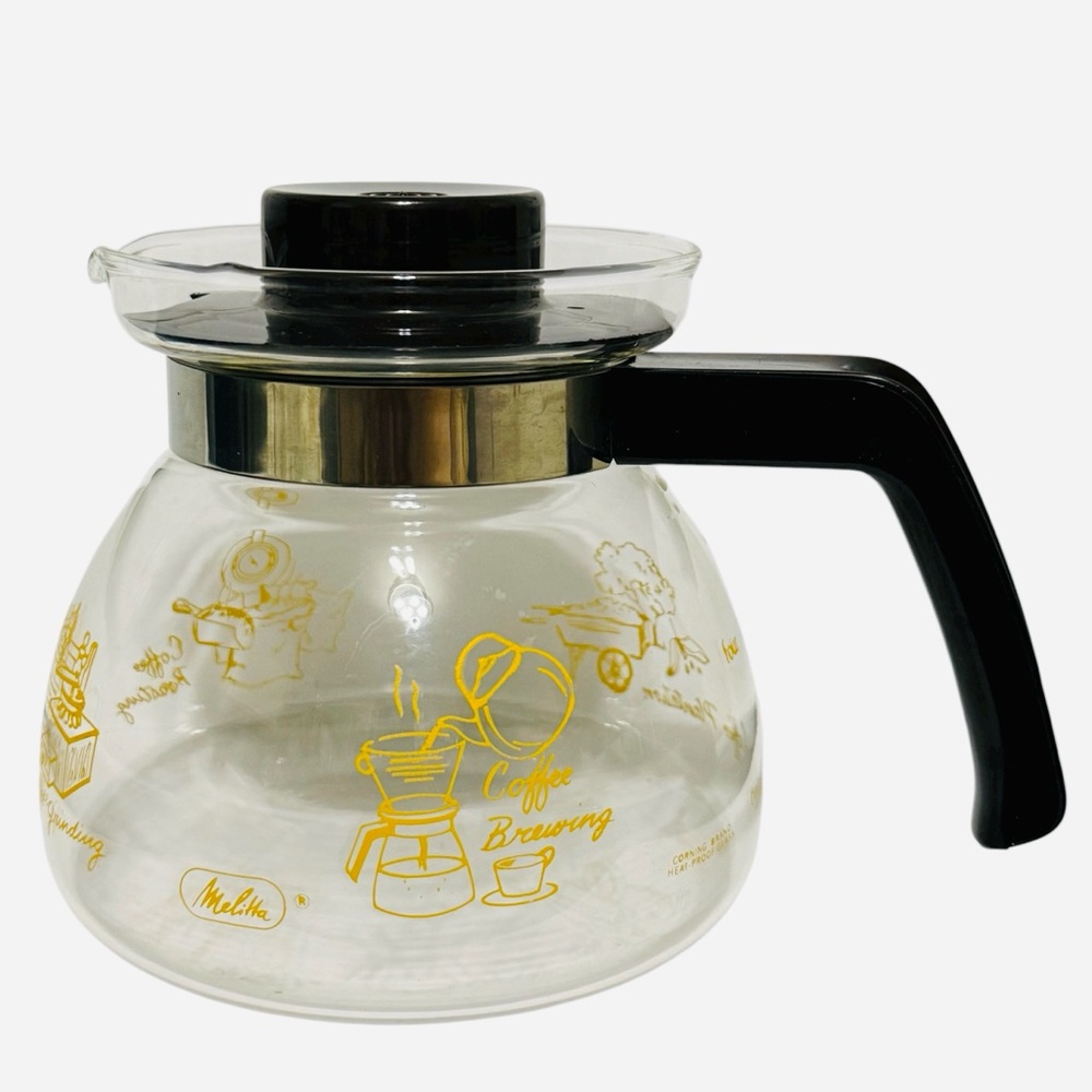 Vintage Melitta Corning Brand Glass Coffee Carafe & Brown Lid Yellow Print 4 Cup